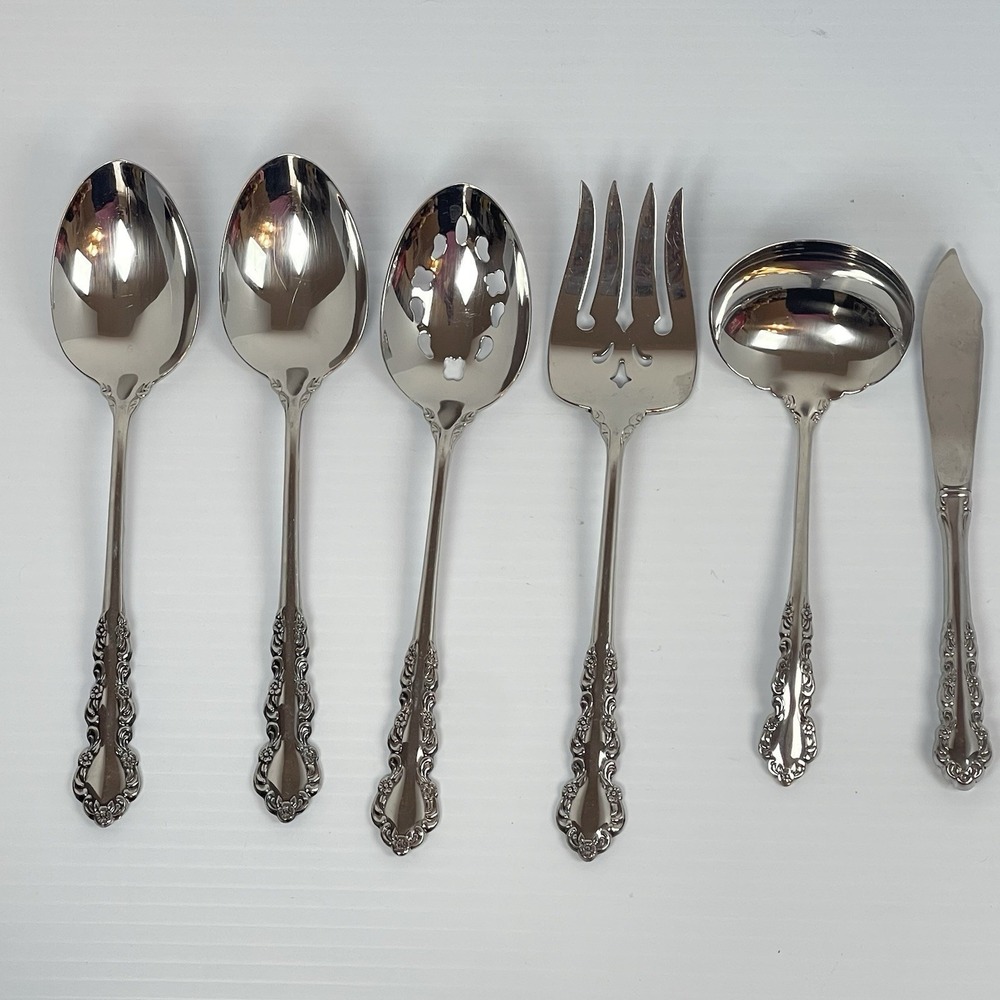 Oneida SHELLEY Cube Stainless Steel Flatware Floral Lot 6 Serving Fork Spoons